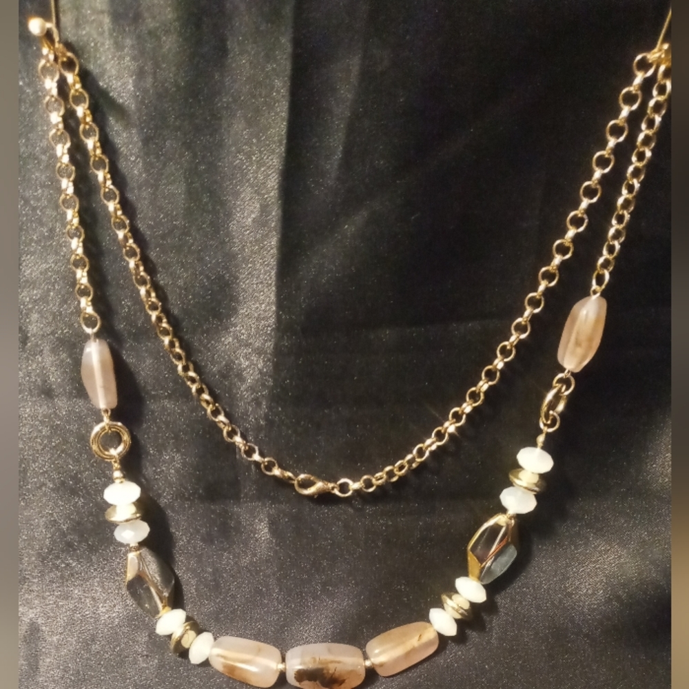 Boho style resin beaded and gold tone roll chain necklace. 30 inches long